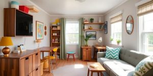 Spațiu mic, funcțional, cu mobilier inteligent și decor luminos.