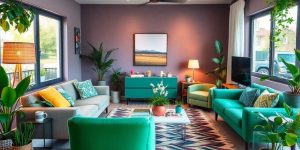 Amenajare interioară modernă cu plante și mobilă elegantă.