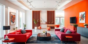 Design interior modern cu mobilier elegant și culori vibrante.