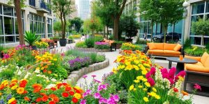 Grădină urbană cu flori colorate și zone de relaxare.