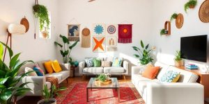 Amenajare modernă a unui living cu plante și decoruri.