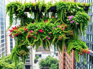 Gradini suspendate verzi in oras cu flori colorate.