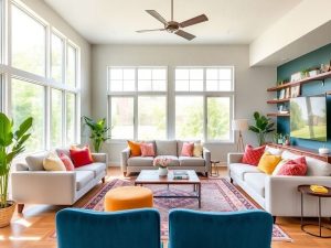 Living room modernizat cu mobilier elegant și decor vibrant.