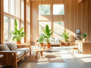 Mobilier modern din lemn sustenabil, iluminat natural