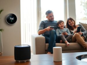Dispozitive smart home și o familie zâmbitoare