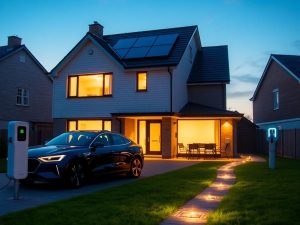 Modernă casă cu panouri solare și stație de încărcare EV