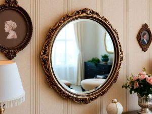 Oglindă decorativă rotundă, reflexii armonioase, cameră luminoasă