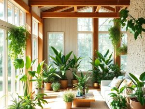 Interior modern cu plante verzi abundente și lumină naturală.