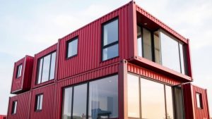 Case modulare din containere maritime, design modern, ferestre mari.