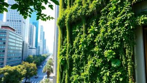 Pereți verzi pe clădiri urbane aglomerate.