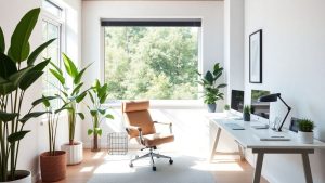 Birou de acasă modern și luminos cu plante verzi.