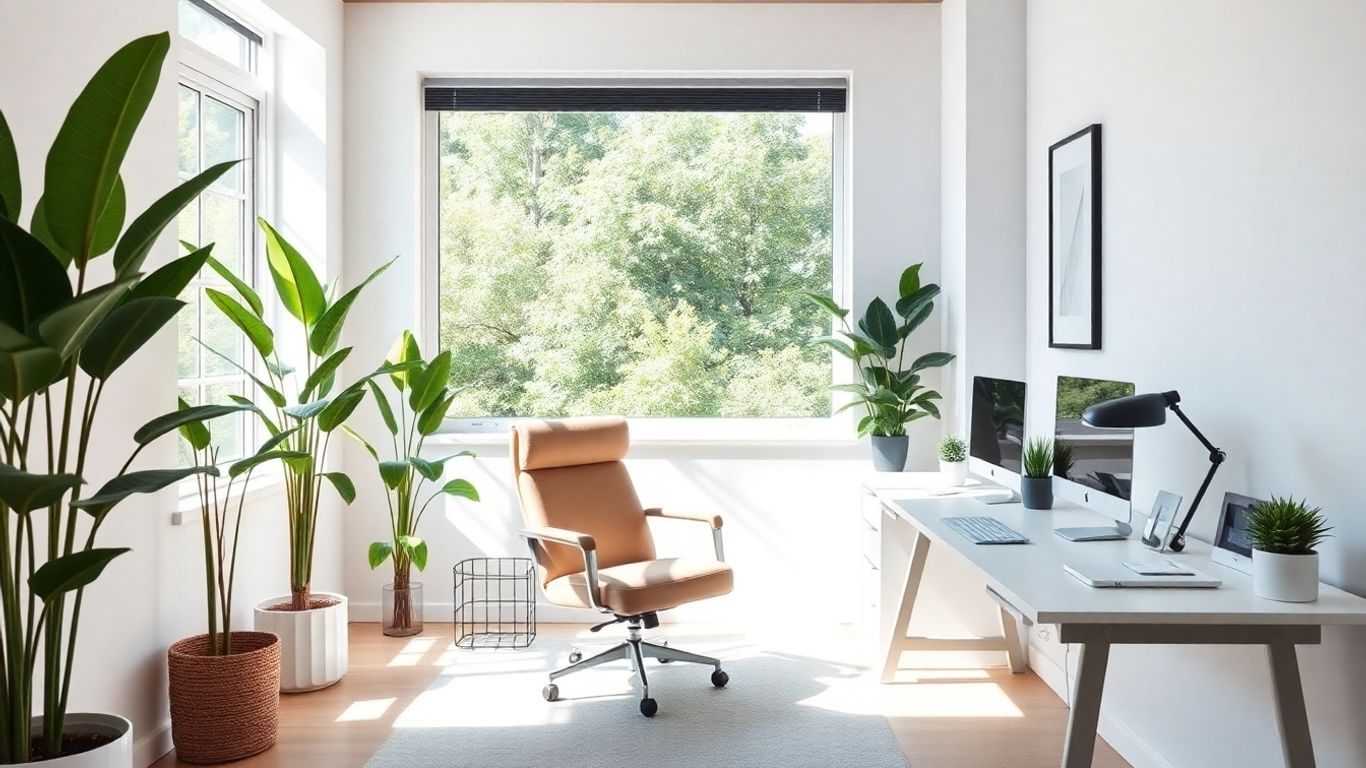 Birou de acasă modern și luminos cu plante verzi.