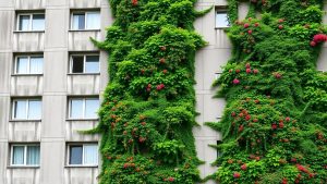 Bloc gri transformat de grădini verticale verzi și colorate.